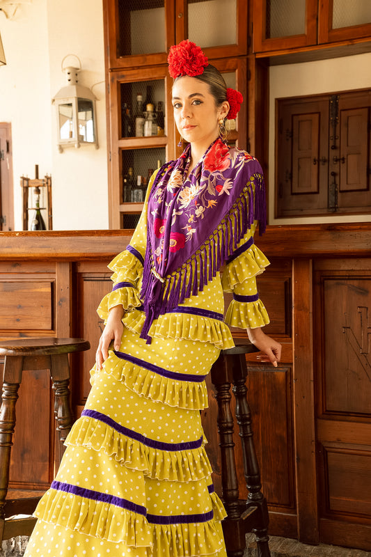 VESTIDO SEVILLA LIMA/BLANCO CINTA ANCHA MORADA