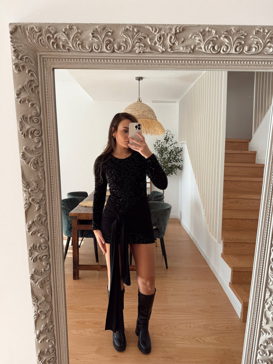 VESTIDO LENTEJUELA NUDO NEGRO