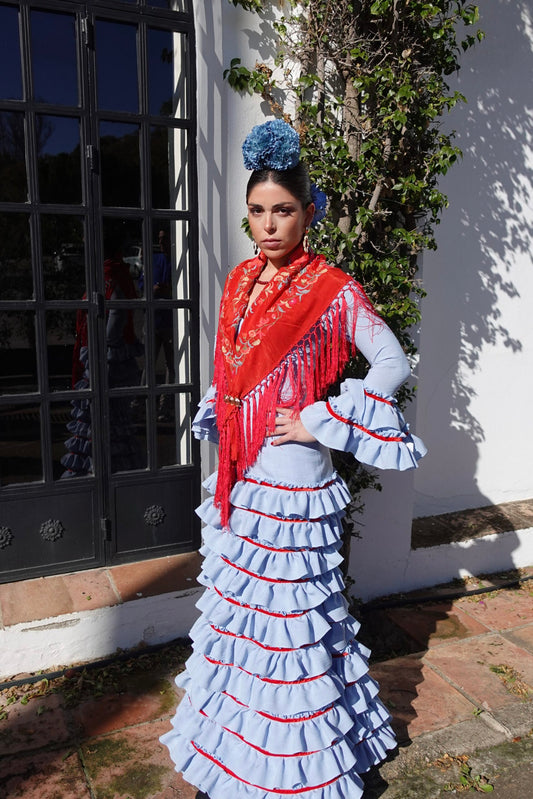 VESTIDO FLAMENCA LOLA CELESTE cinta roja