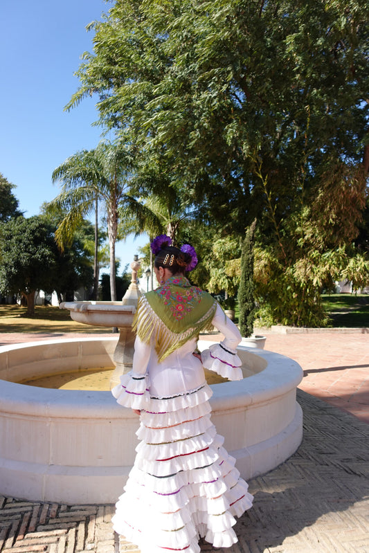VESTIDO FLAMENCA LOLA BLANCO CINTA MELOCOTÓN