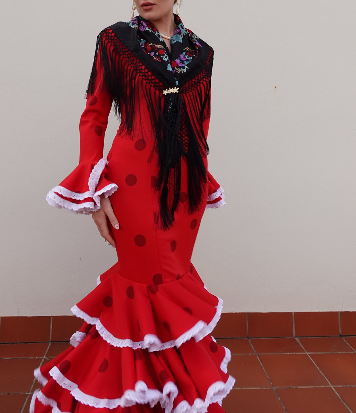 VESTIDO MACARENA LUNARES ROJO/BURDEOS CON TIRA BORDÁ