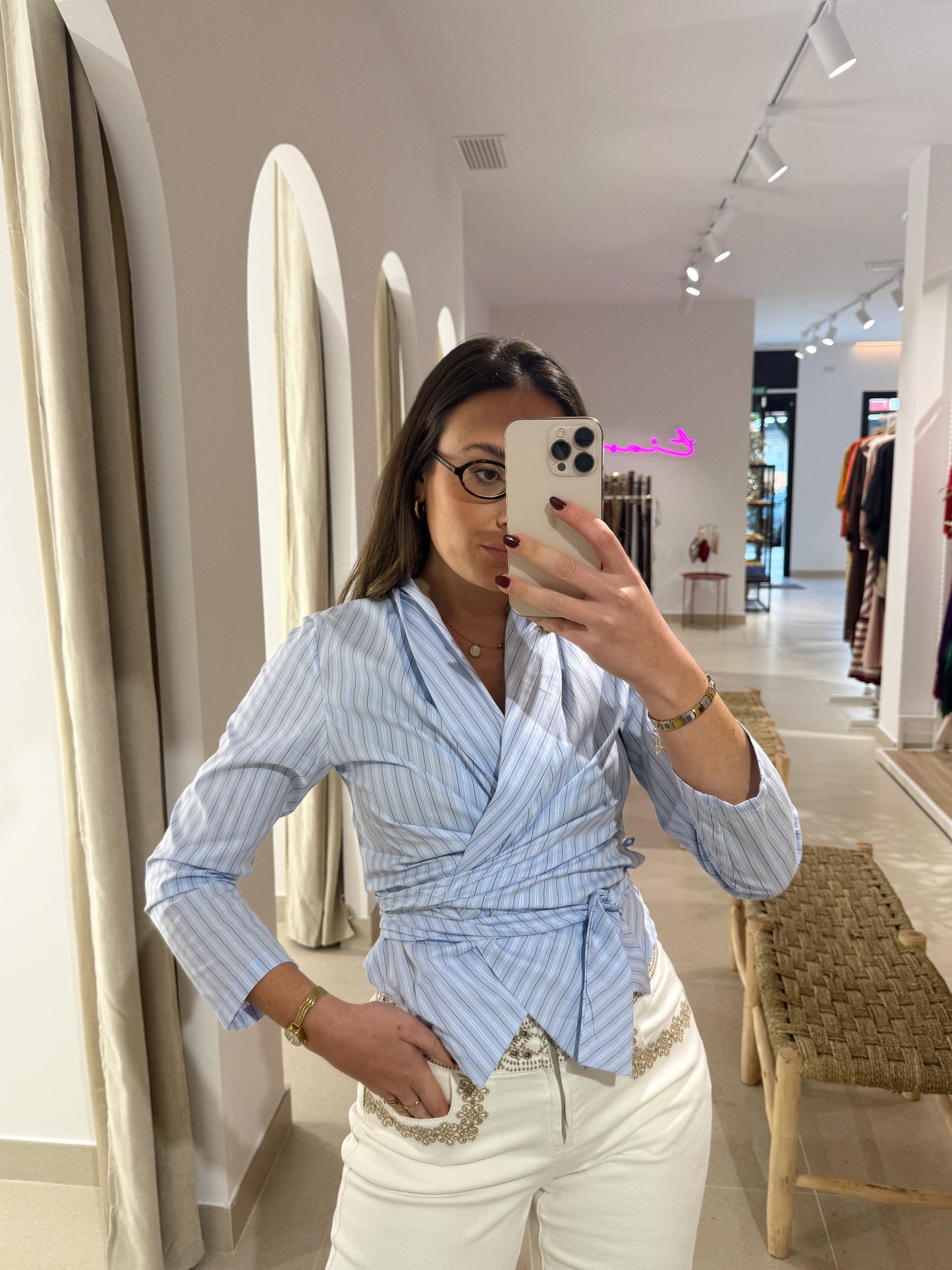 BLUSA CRUZADA CELESTE RAYAS