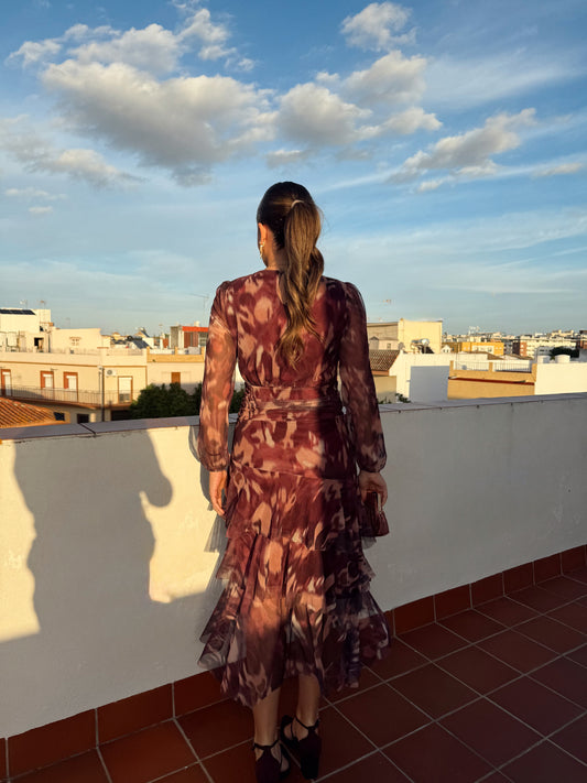 VESTIDO TULL VOLANTES tonos berenjenas