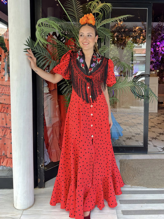 VESTIDO BATA MARISMA ROJO LUNAR NEGRO