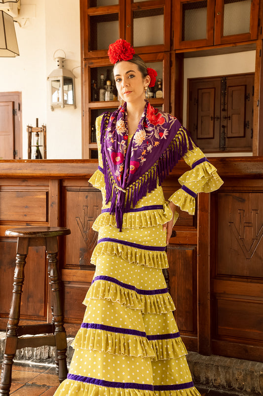 VESTIDO SEVILLA LIMA/BLANCO CINTA ANCHA MORADA