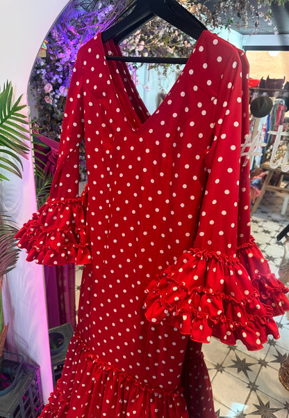VESTIDO CANASTERO ROJO LUNAR BLANCO