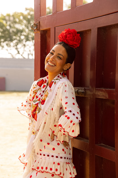 VESTIDO SEVILLA BLANCO/ROJO ENTREDOS BLANCO CINTA ROJA