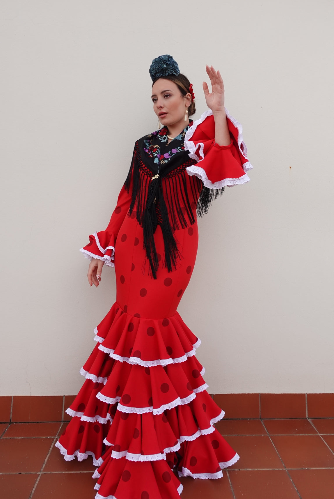 VESTIDO MACARENA LUNARES ROJO/BURDEOS CON TIRA BORDÁ