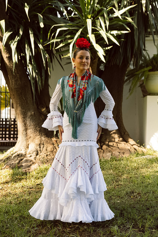 VESTIDO CANASTERA BLANCO PERFORADO CINTA COLORES