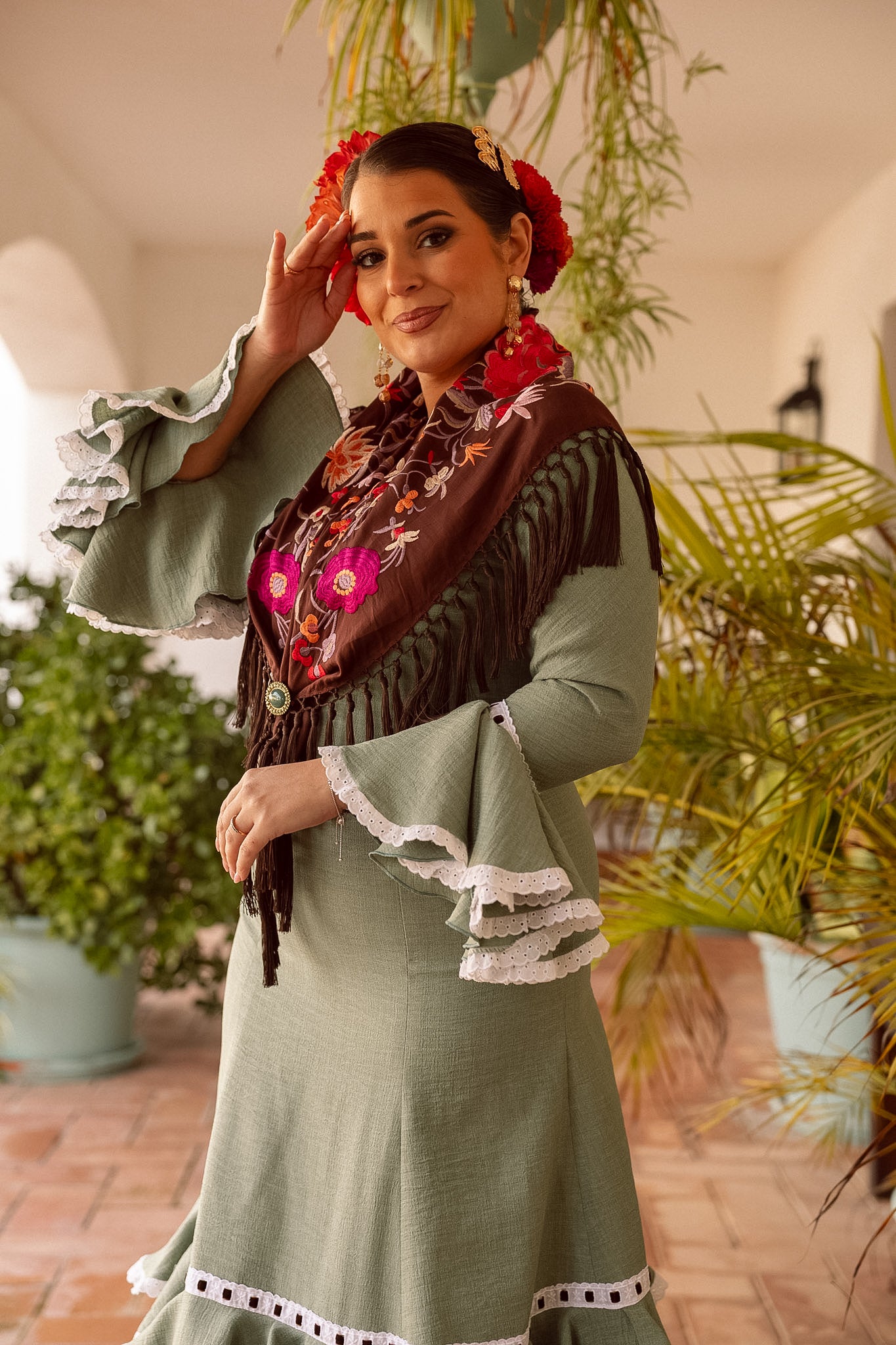 VESTIDO PEONÍA VERDE LAUREL CINTA MARRÓN