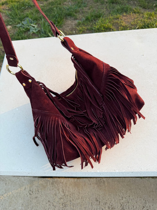 BOLSO PIEL ANTE BERENJENA FLECOS