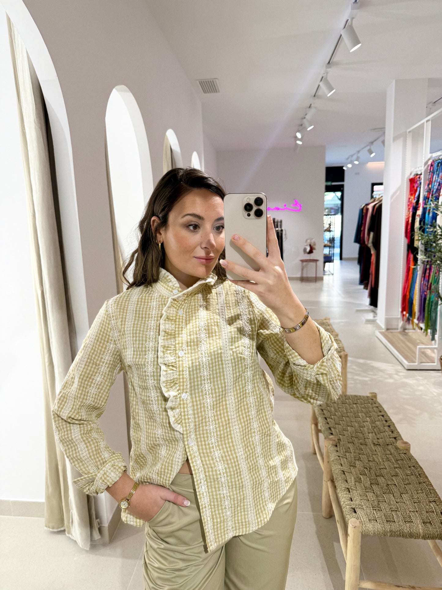 CAMISA PERFORADA VICHY AMARILLO PASTEL