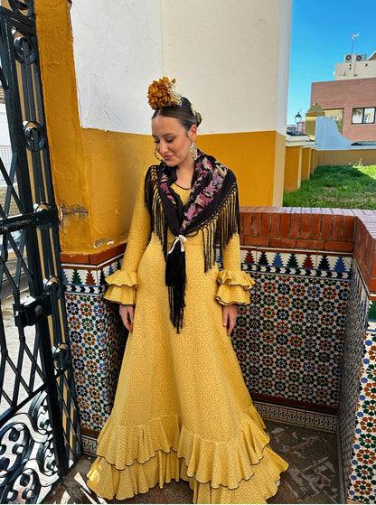 VESTIDO DOS VOLANTES MOSTAZA LUNAR NEGRO