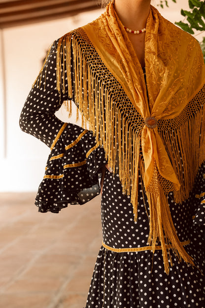 VESTIDO TRIANA NEGRO/BLANCO CINTA ORO