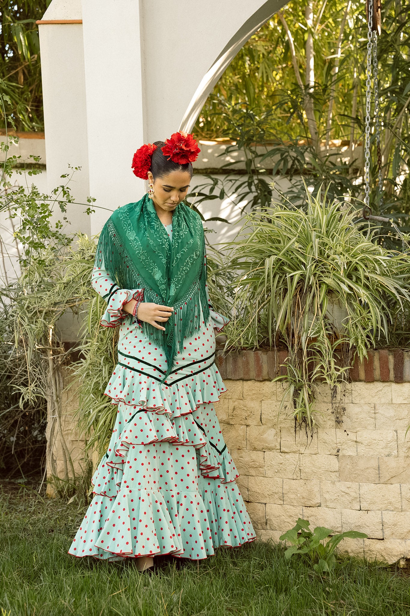 VESTIDO ROMINA VERDE/ROJO CINTA VERDE