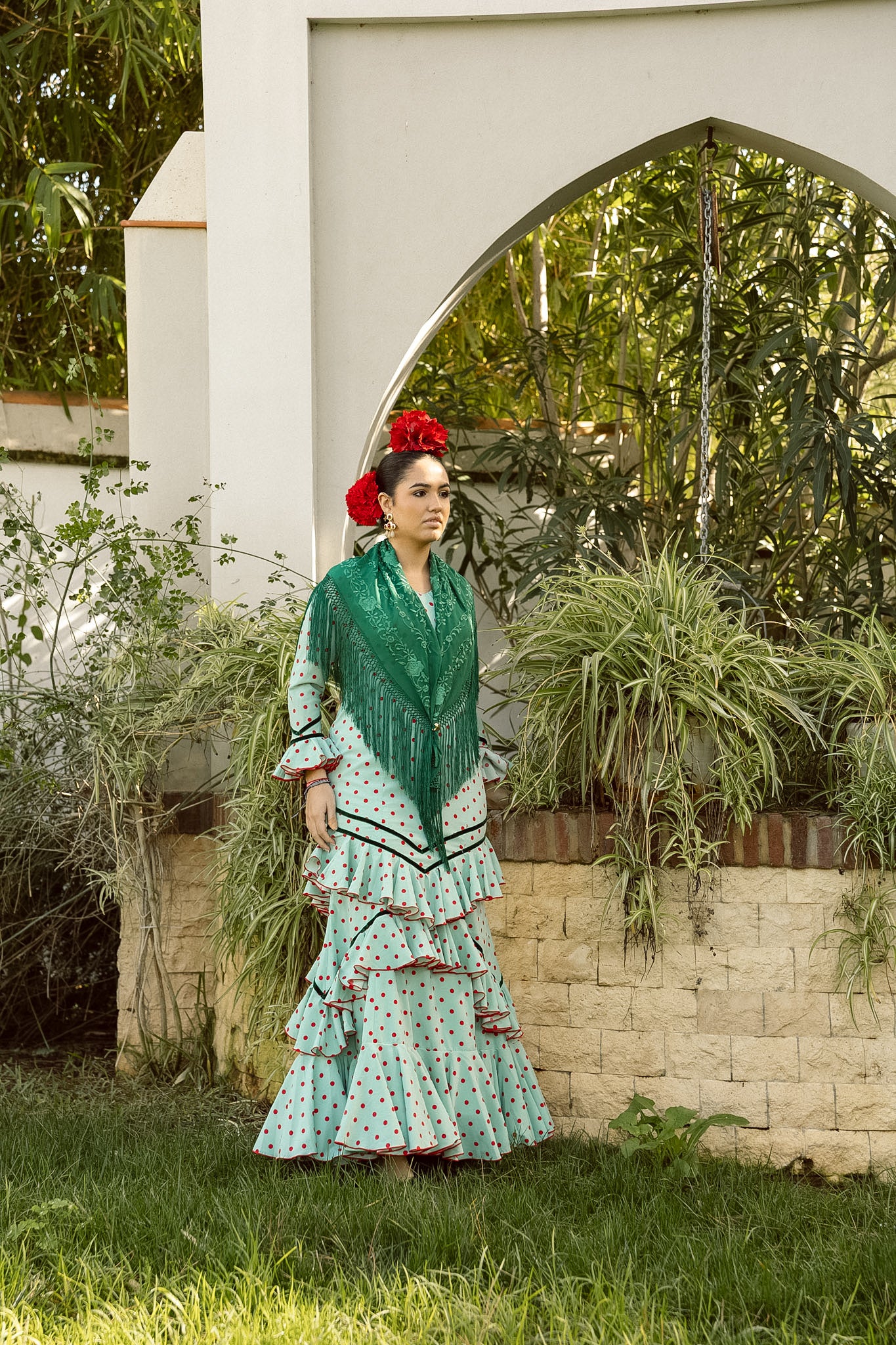 VESTIDO ROMINA VERDE/ROJO CINTA VERDE