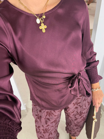 BLUSA SATÉN NUDO BERENJENA