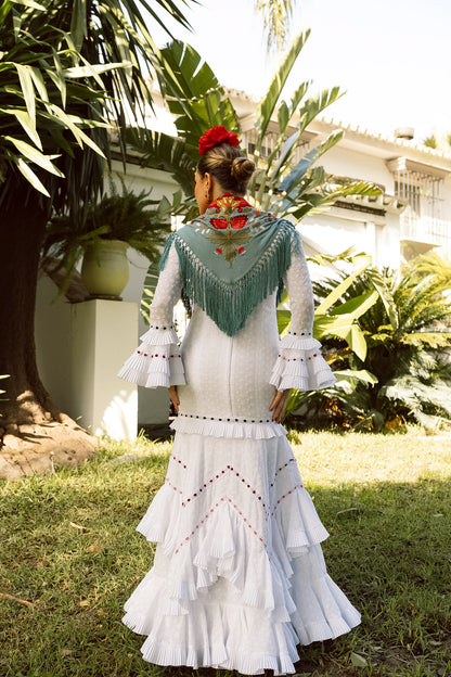 VESTIDO CANASTERA BLANCO PERFORADO CINTA COLORES