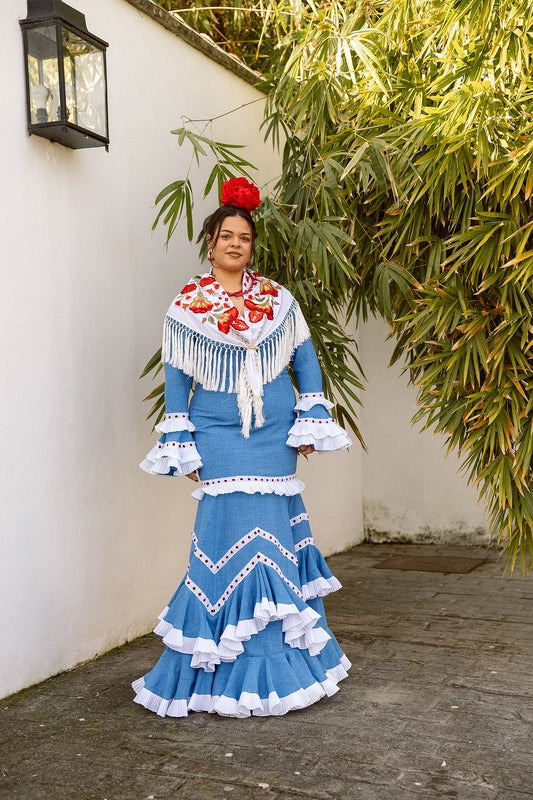 VESTIDO CANASTERA AZUL CINTA BURDEOS