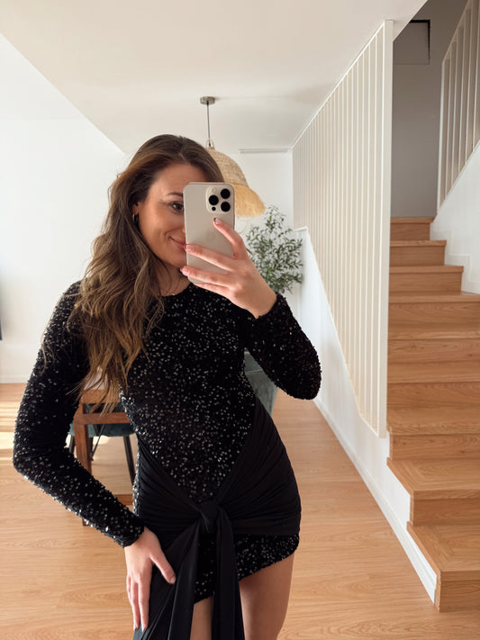 VESTIDO LENTEJUELA NUDO NEGRO
