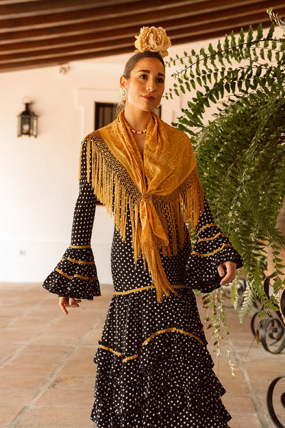 VESTIDO TRIANA NEGRO/BLANCO CINTA ORO