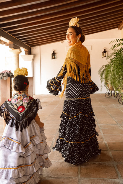 VESTIDO TRIANA NEGRO/BLANCO CINTA ORO