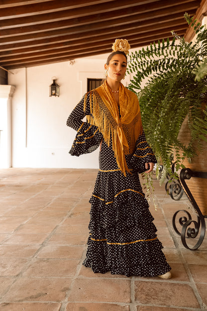 VESTIDO TRIANA NEGRO/BLANCO CINTA ORO