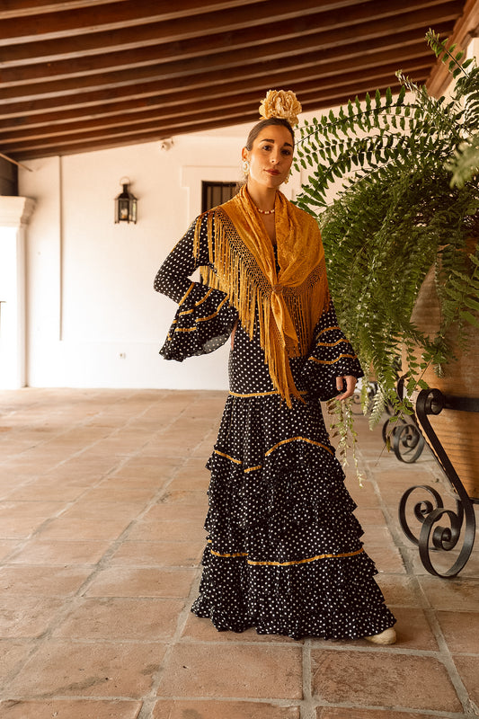 VESTIDO TRIANA NEGRO/BLANCO CINTA ORO