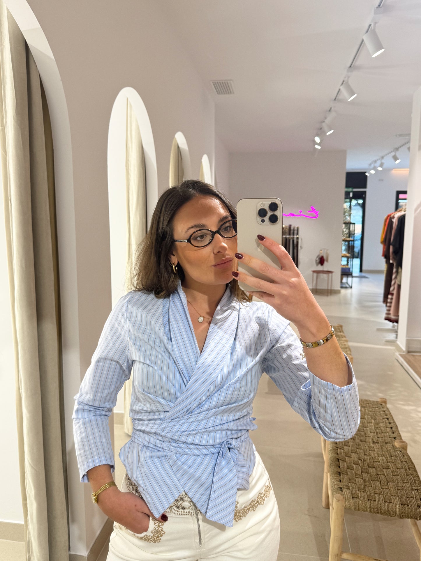 BLUSA CRUZADA CELESTE RAYAS