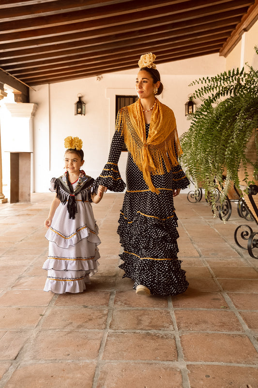 VESTIDO TRIANA NEGRO/BLANCO CINTA ORO