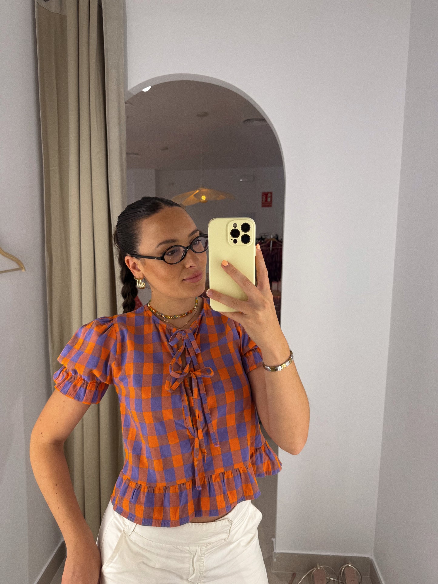 BLUSA VICHY MALVA/NARANJA