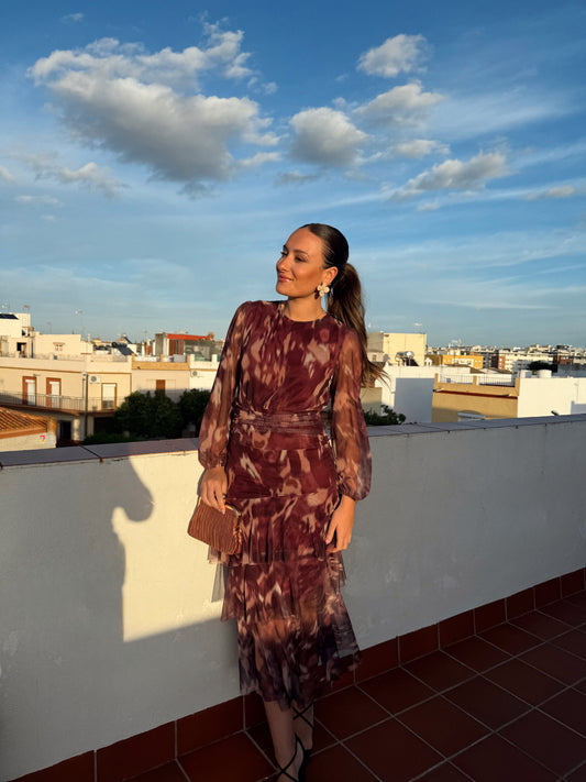 VESTIDO TULL VOLANTES tonos berenjenas