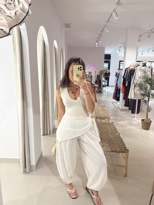 PANTALÓN PAÑUELO VICHY VAINILLA