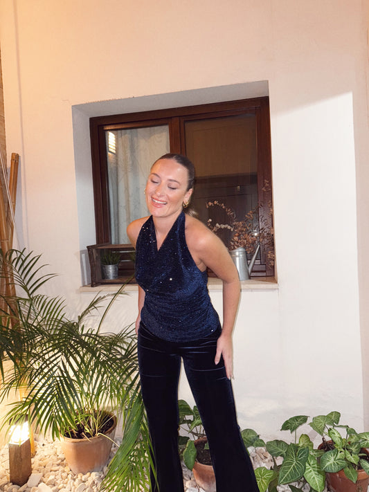 TOP AZUL TERCIPELO LENTEJUELA