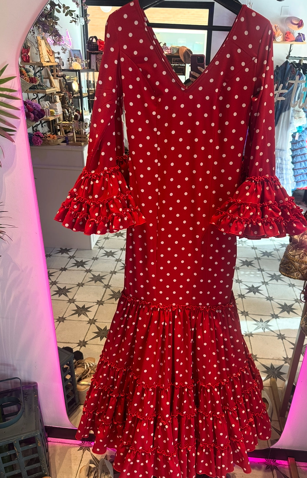 VESTIDO CANASTERO ROJO LUNAR BLANCO