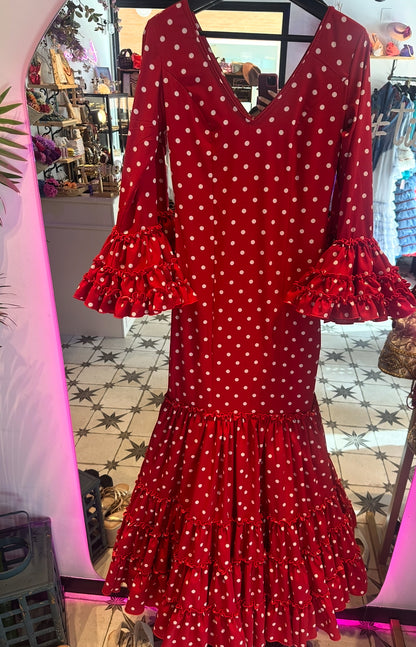 VESTIDO CANASTERO ROJO LUNAR BLANCO