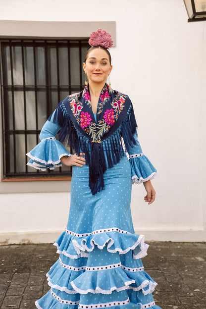 VESTIDO PEONÍA TONOS AZULES CINTA MARRÓN