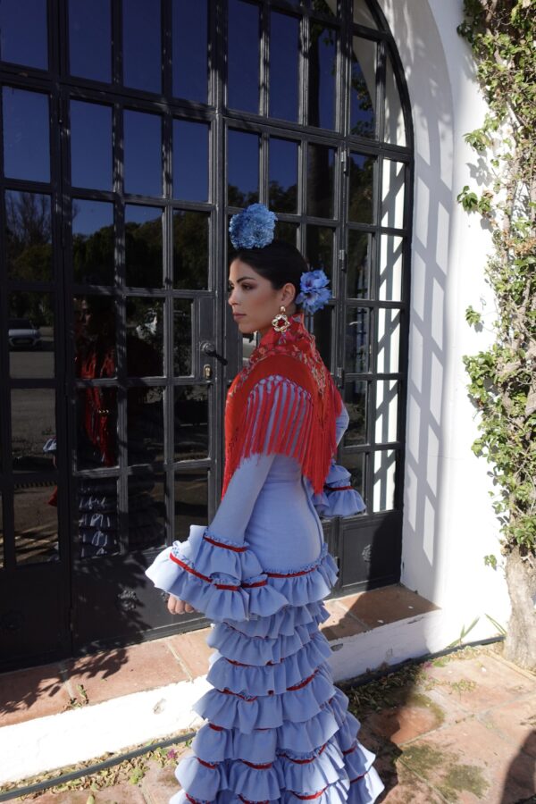 VESTIDO FLAMENCA LOLA CELESTE cinta roja - Imagen 2