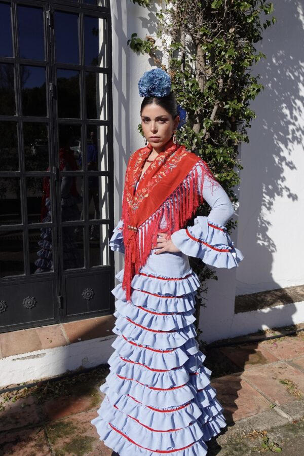 VESTIDO FLAMENCA LOLA CELESTE cinta roja