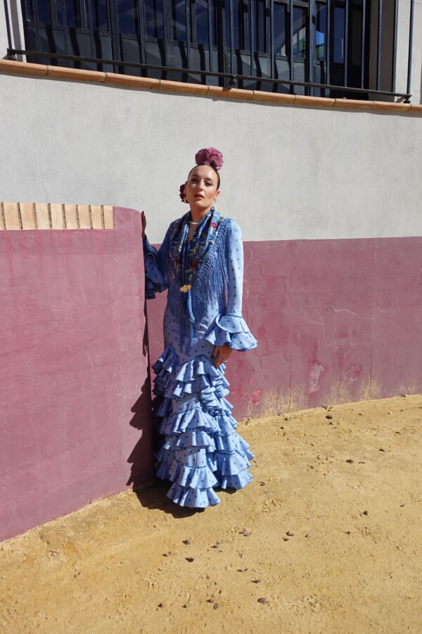 VESTIDO FLAMENCA JIMENA AZUL con lunar