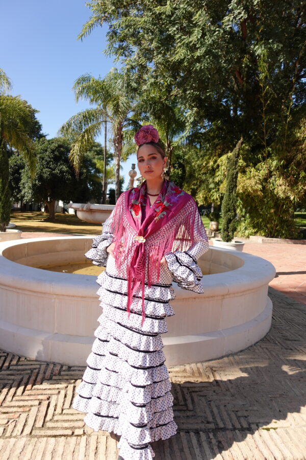 VESTIDO FLAMENCA LOLA BLANCO LUNAR NEGRO con cinta negra - Imagen 2