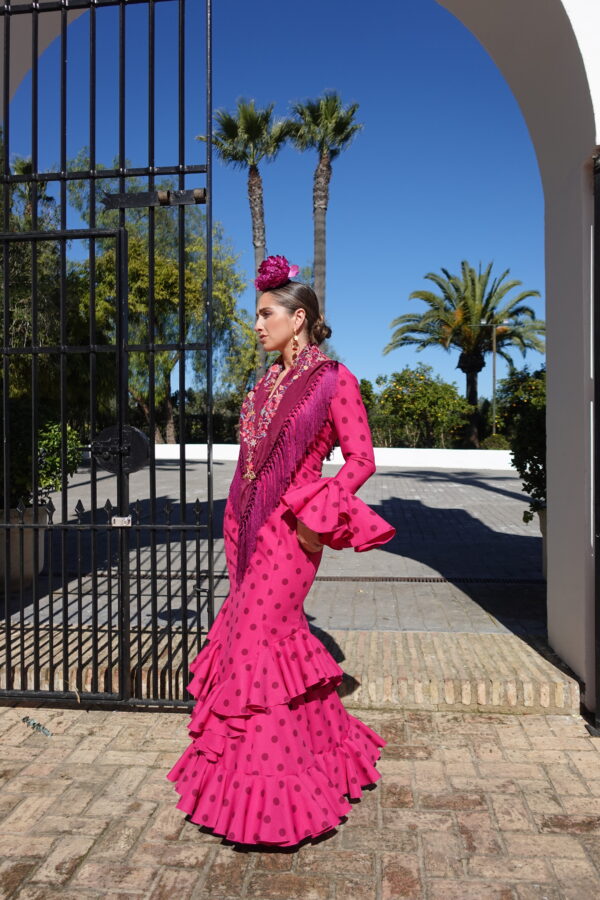 VESTIDO FLAMENCA CLEMENTINA buganvilla con lunar burdeos